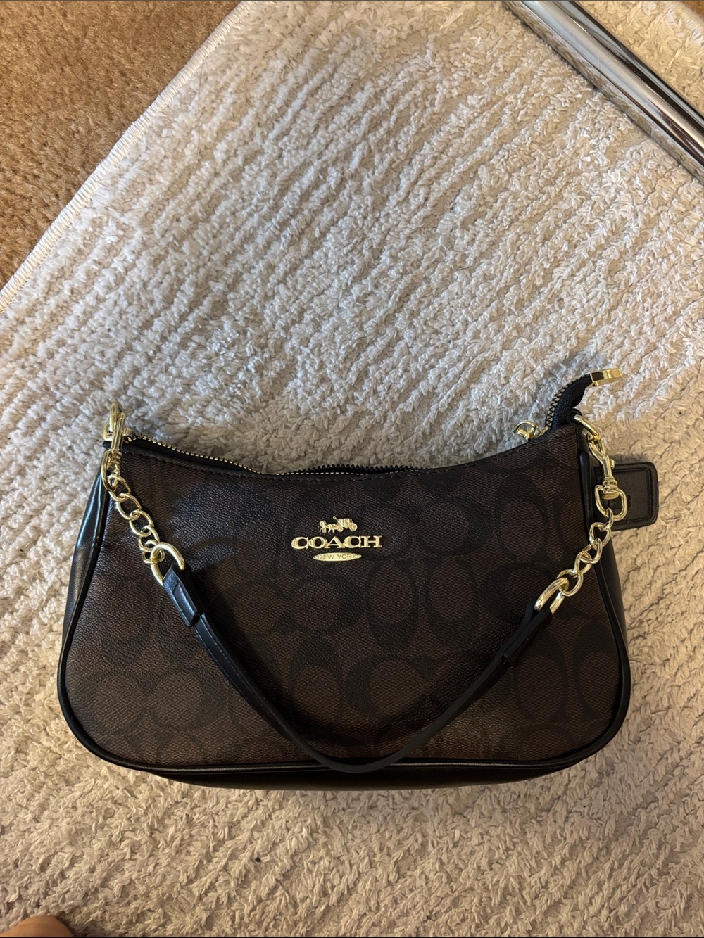 Coach Terri Dark Brown Signature Chain-Trim Shoulder Bag